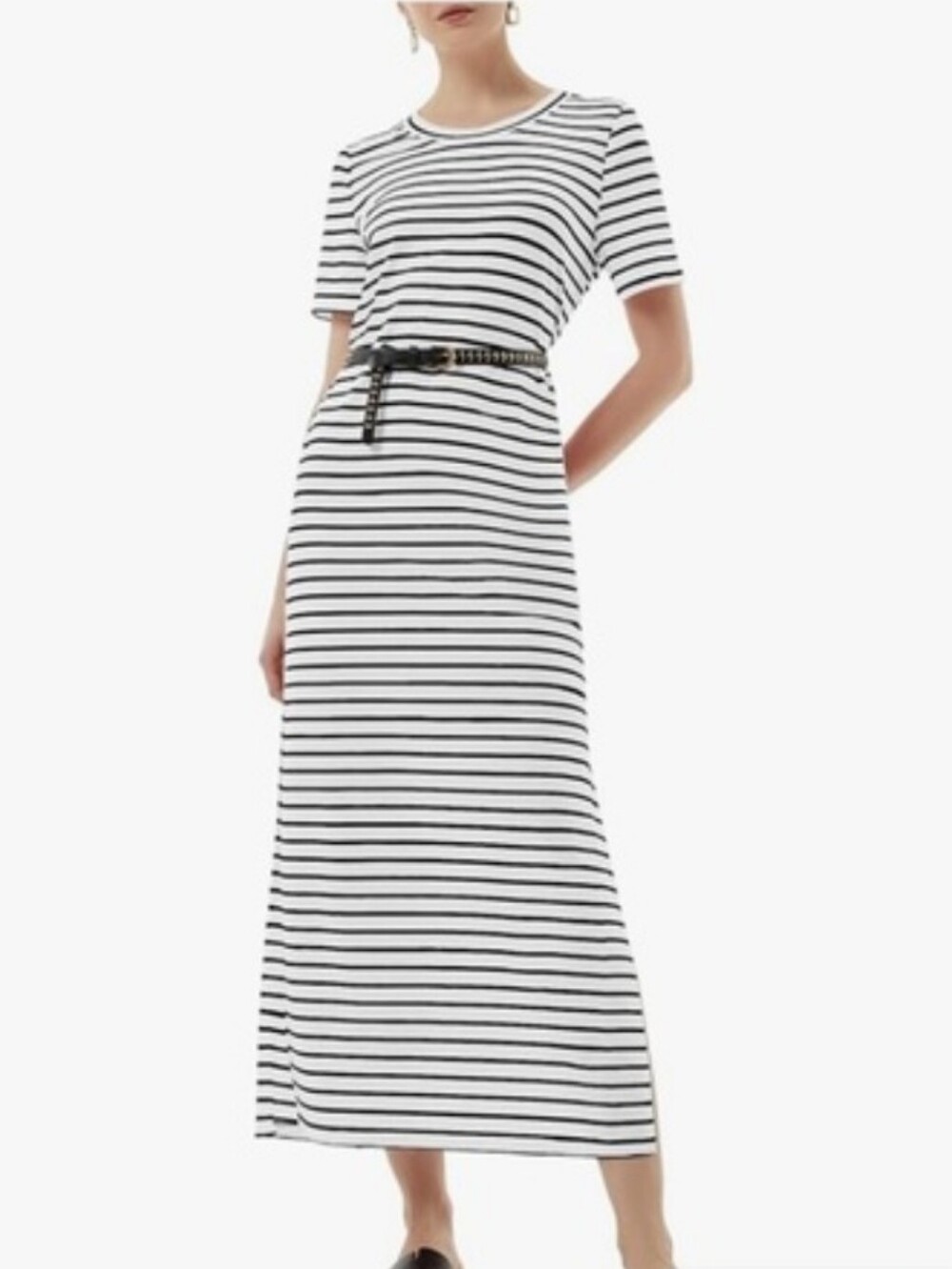 Classic Black & White Striped Short-Sleeve Maxi Dress